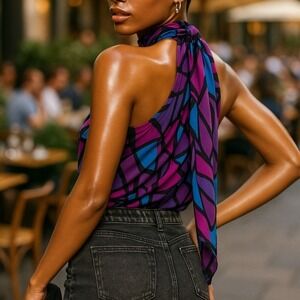 NWT Alfani Petite Halter Top Women 8P Purple Pink Cubist Glass Geometric Smocked